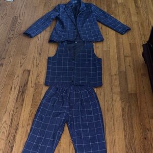 Three-Piece Windowpane Navy Suit Set - Jacket, Vest & Pants